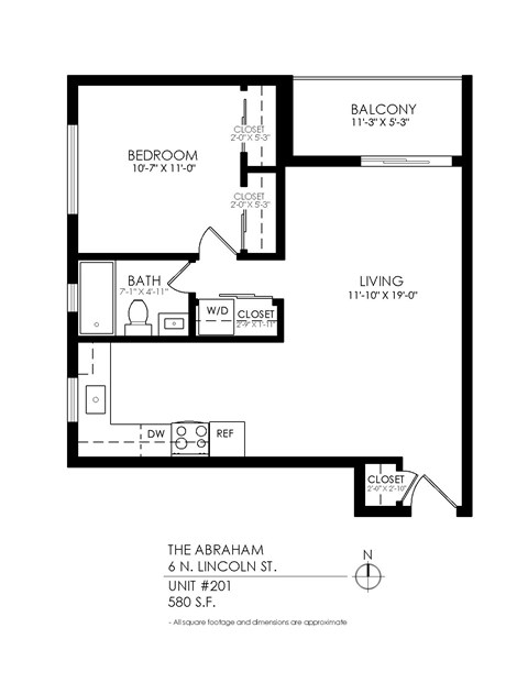Floor plan for 1 bed, 1 bath, 605 sqft